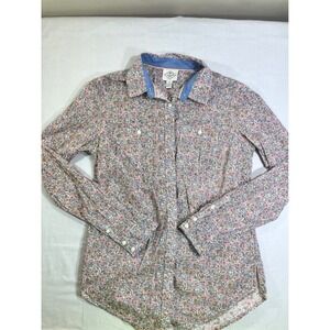 St Johns Bay Womens XS Floral Button Front Shirt Long Sleeve Cotton Pink Blue